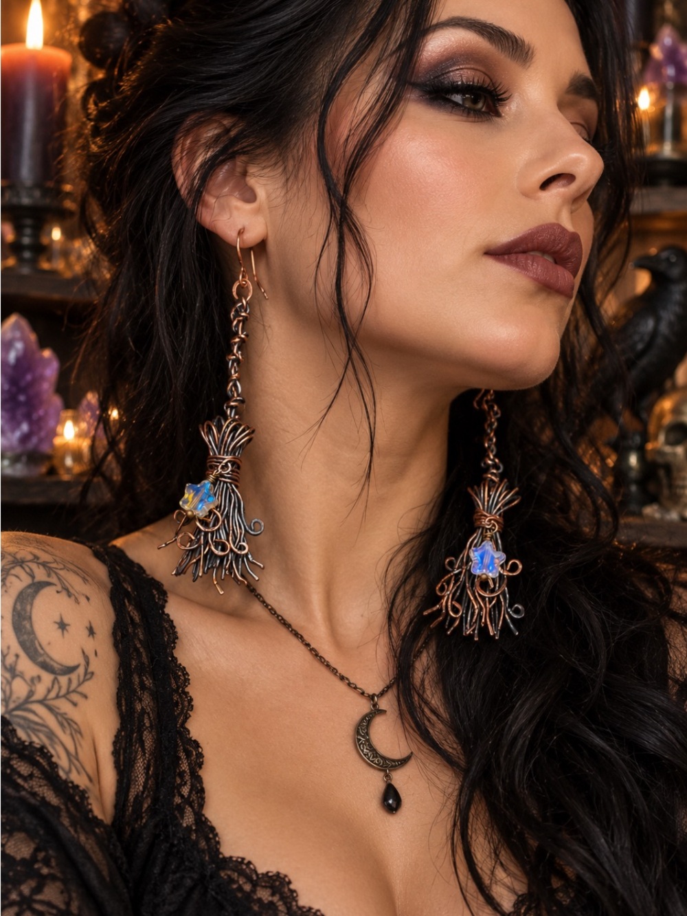 Celestial Copper Drop Earrings with Blue Accent